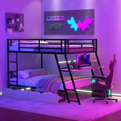 Lit superposé en métal avec bureau intégré, lumière et 2 tiroirs