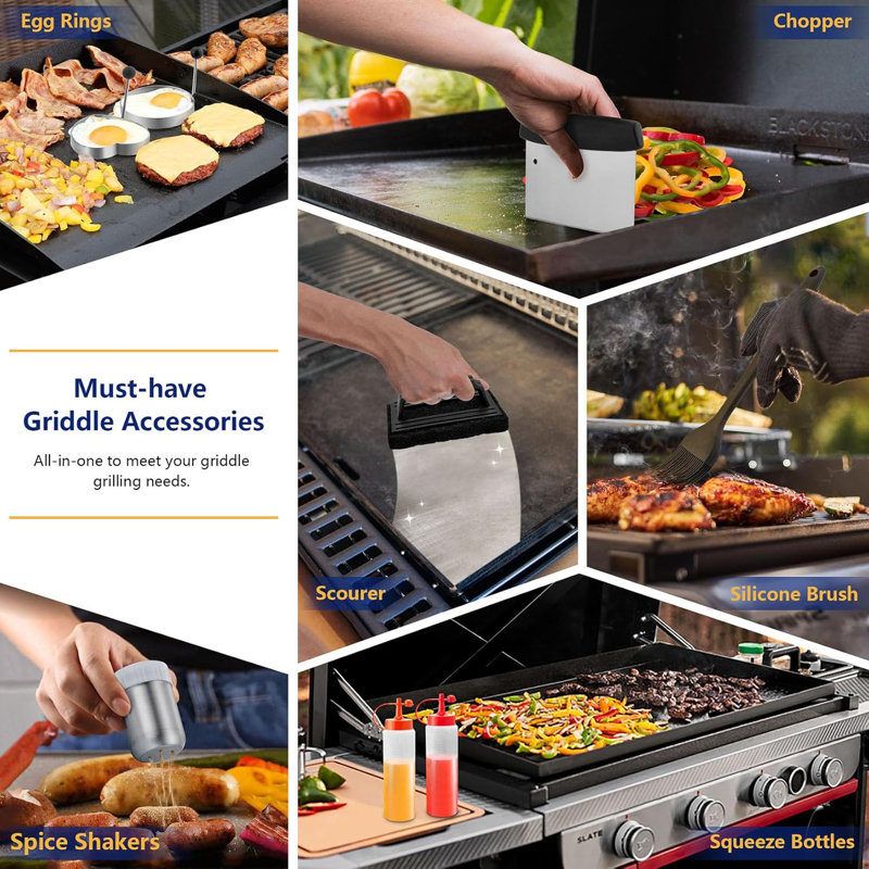 Ensemble d'outils de gril, ensemble d'accessoires de barbecue en acier inoxydable robuste avec dôme de fusion, presse à hamburger en fonte, 6 spatules polyvalentes, grattoir, anneaux à œufs, bouteilles à presser, sac de transport, pour barbecue Teppanyaki