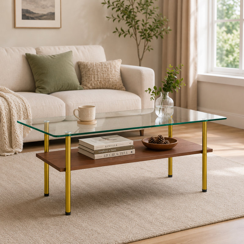 Table basse 38,6 po rectangulaire en verre trempé avec tablette de rangement, or / transparent, Gold/Clear