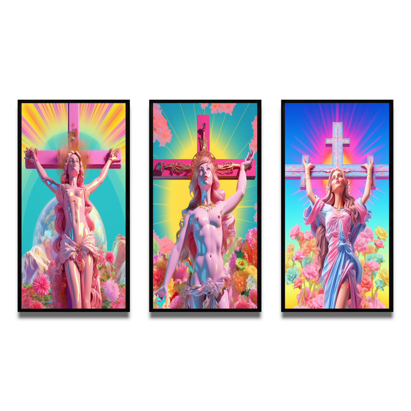 «Barbie Jesus On The Cross», 3 pièces, Cadre flottant noir, H 60 po x l 40 po