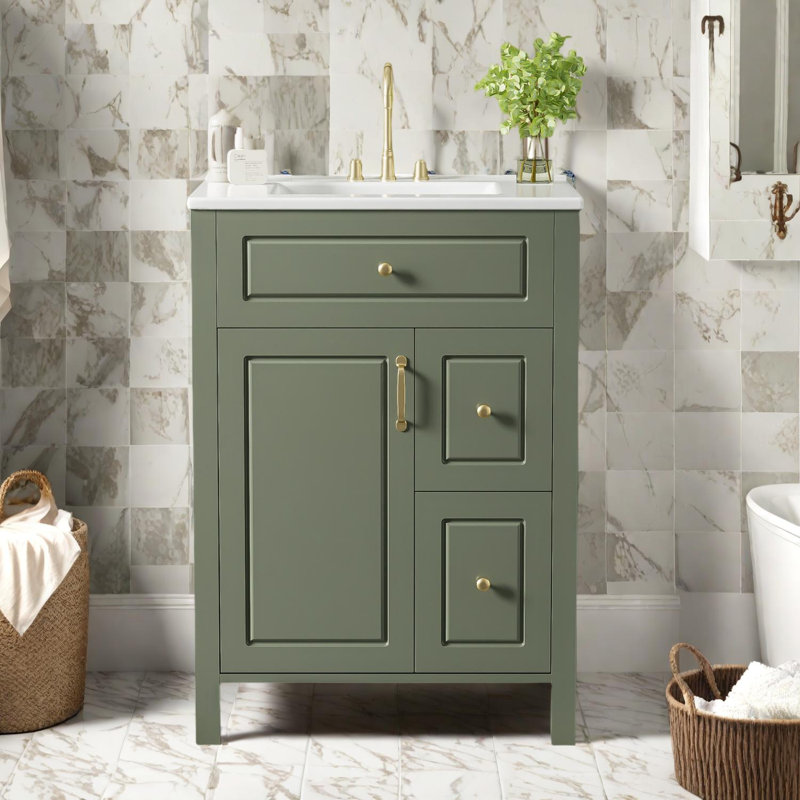 24-Inch Bathroom Vanity with Ceramic Sink and Soft Close Storage Features, Green