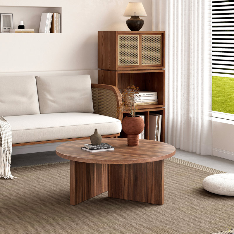 Table basse ronde polyvalente en panneau de fibres à densité moyenne pour divers styles d'intérieur, alliant le minimalisme moderne à l'élégance nordique, avec des dimensions de 31,5 po x 31,5 po x 13,98 po.