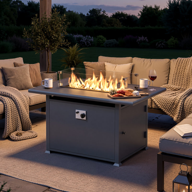 Table de foyer d'extérieur au propane 55 000 BTU avec plateau en aluminium, pare-vent en verre et couvercle de brûleur