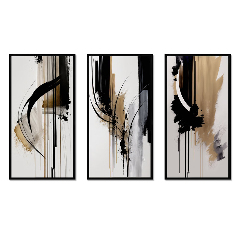 Noir, blanc et or Expression I - ensemble d'art abstrait mural de 3, Noir, H 40 po x l 60 po