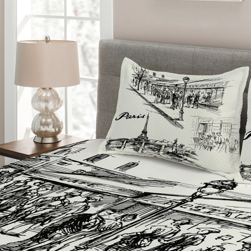 Eiffel Tower Coverlet, King Bedspread + 2 Shams