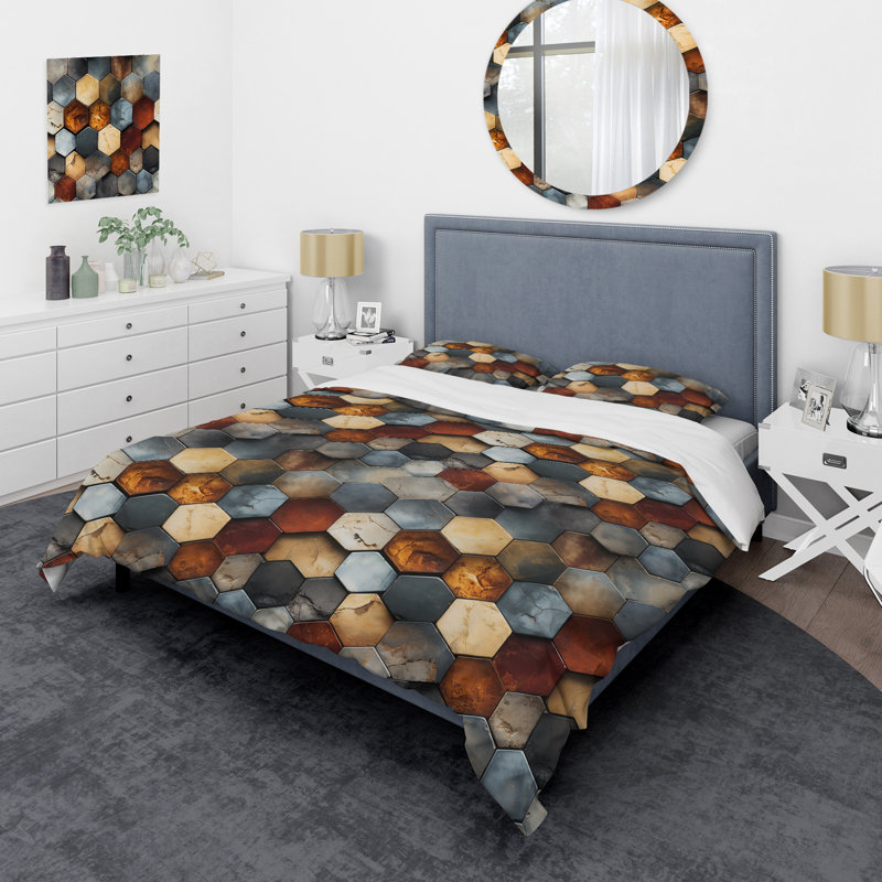 Ensemble de housse de couette géométrique Rustic Hexagons Boho, Housse de couette pour grand lit et 2 taies décor
