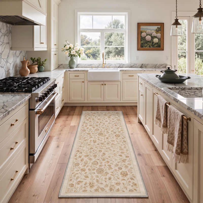 Tapis de couloir floral beige / brun lavable à la machine avec envers antidérapant, Tapis de couloir de 2 pi x 7 pi