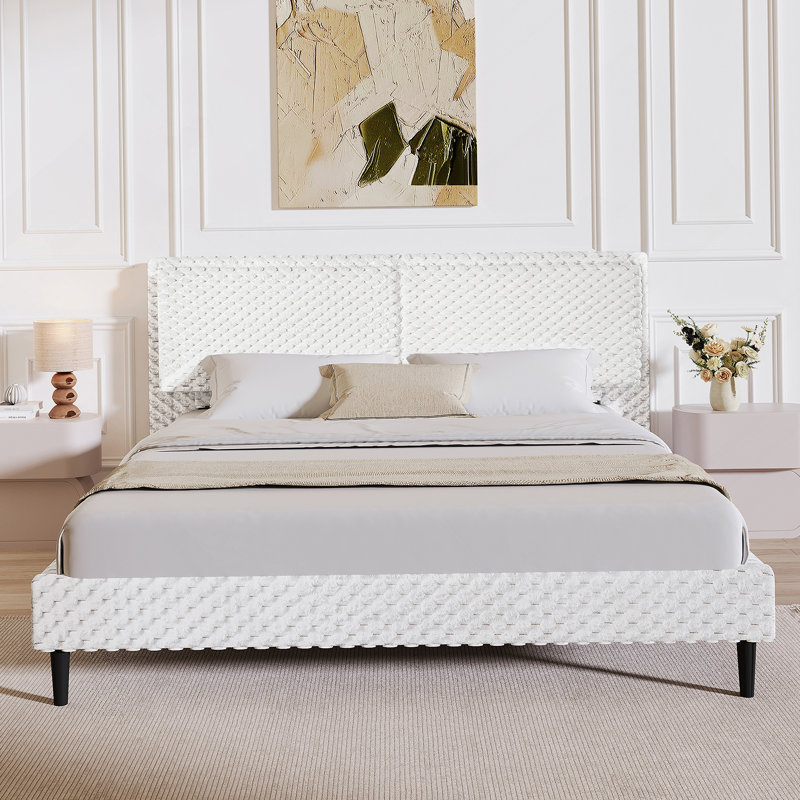 Platform Bed, Bedroom Bed Frame With Soft-Padded Backrest Design, White, King