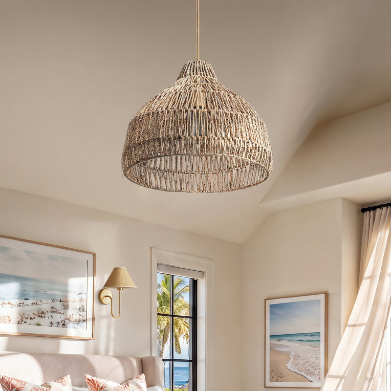 Andreina 1 - Dreamy Palm Fibers Pendant Light - Natural Dome 1-Light Polished Handwoven Dimmable Hanging Light For Kitchen Island, Kitchen, Dining Room, Living Room or Bedroom in Boho, Country, Farmhouse, Modern Farmhouse & Mid-Century Modern Style