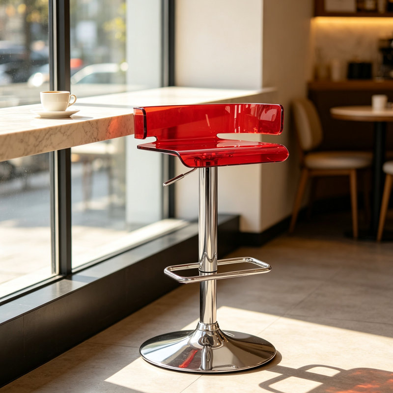 Tabouret de bar pivotant moderne en acrylique de 89 cm (35 po), réglable en hauteur, avec dossier et base en métal
