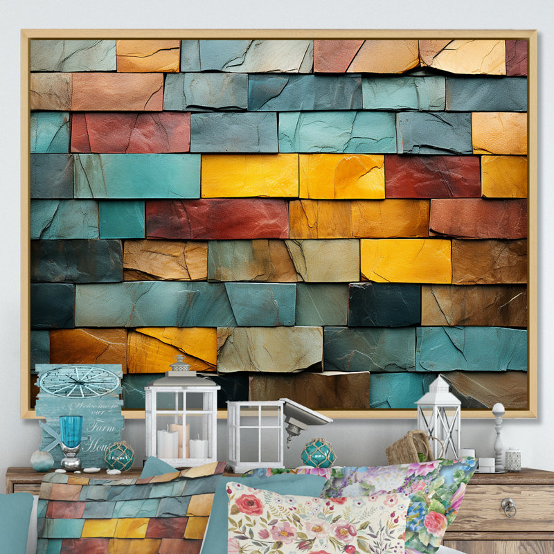 Boho terre élément pierre mosaïque II - Boho mosaïque murale, Cadre flottant brun, H 16 po x l 32 po x P 1 po