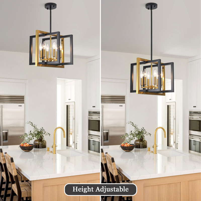 6-Light 15 in. Dimmable Modern Industrial Geometric Chandelier with Square Open Frame For Kitchen Island Living Room And Entryway 