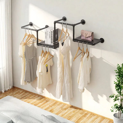61 Inch Industrial Pipe Clothing Rack With 2 Floating Shelves , Space-Saving Wall Mounted Clothes Rack, Shelf With Hanging Rod For Closet Storage