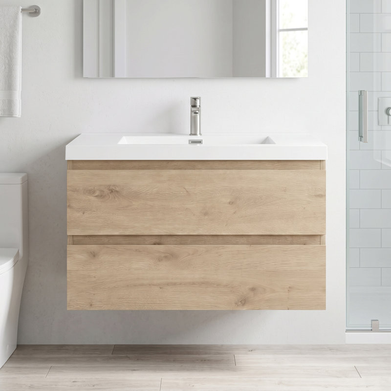 Meuble-lavabo suspendu de 91 cm (36 po) en mélamine en bois avec lavabo intégré en résine, armoire de salle de bain en bois naturel avec tiroirs à fermeture douce et poignées invisibles