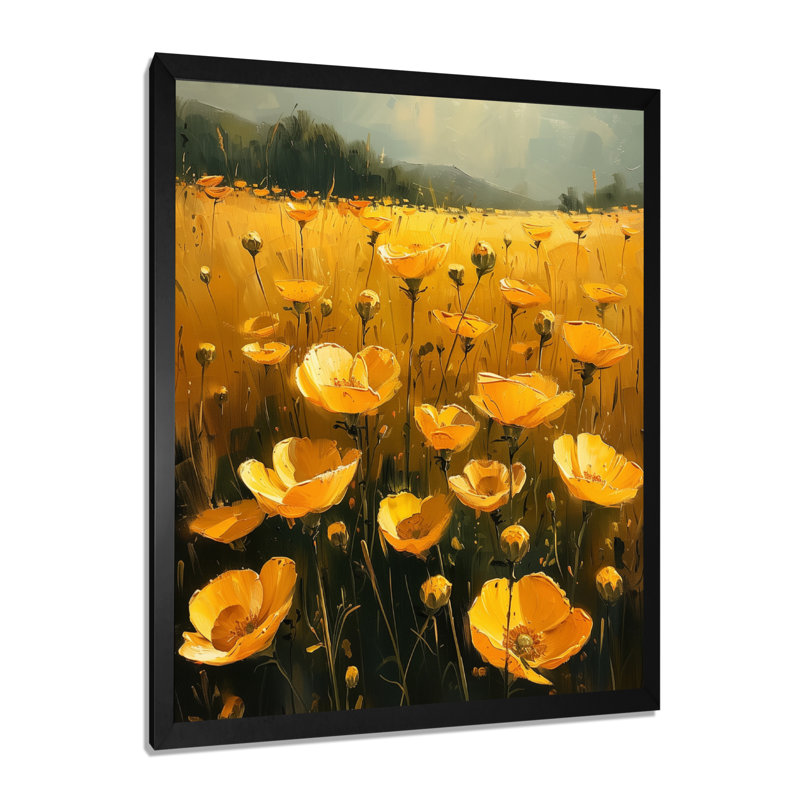 Or jaune jaune vert Sunlit Meadow VI - Buttercups, art mural, Toile encadrée noire simple, H 20 po x l 12 po x P 1 po