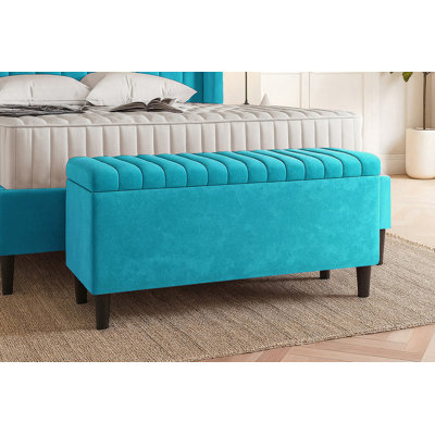 Plush Velvet Lined Upholstered Ottoman Storage Box with Wooden Legs