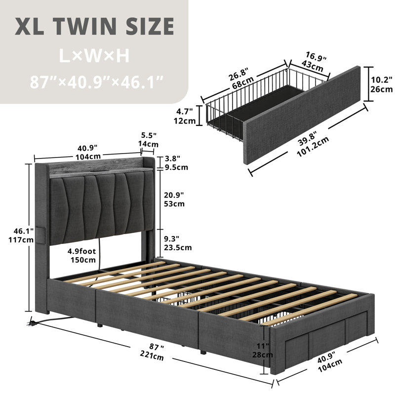 Gray Twin XL Upholstered Bed Frame with Storage Drawers and Headboard