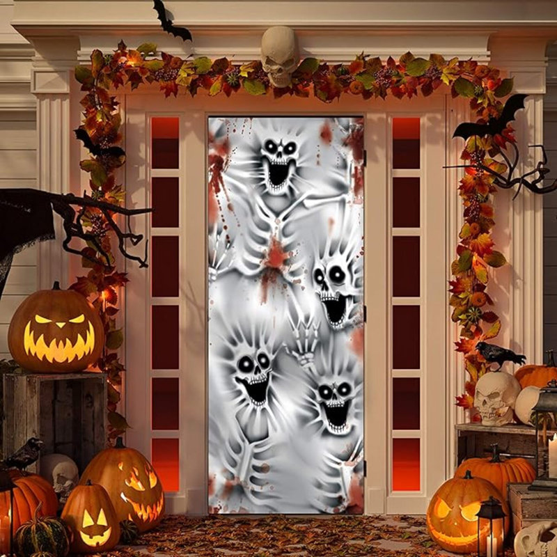 30 po x 72 po, décorations de couverture de porte d'Halloween, squelette effrayant d'intérieur, autocollants de maison hantée