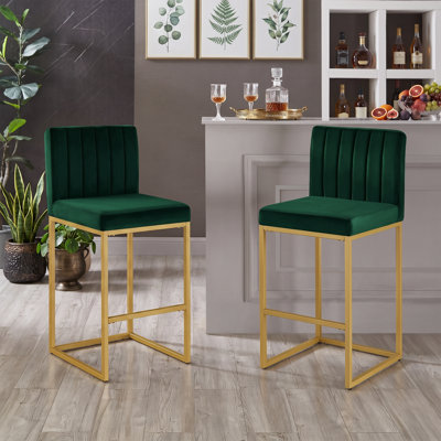 27" Counter Height Stools Set of 2, Upholstered Velvet Bar Chairs with Full Backrest and Gold Iron Legs for Dining Room