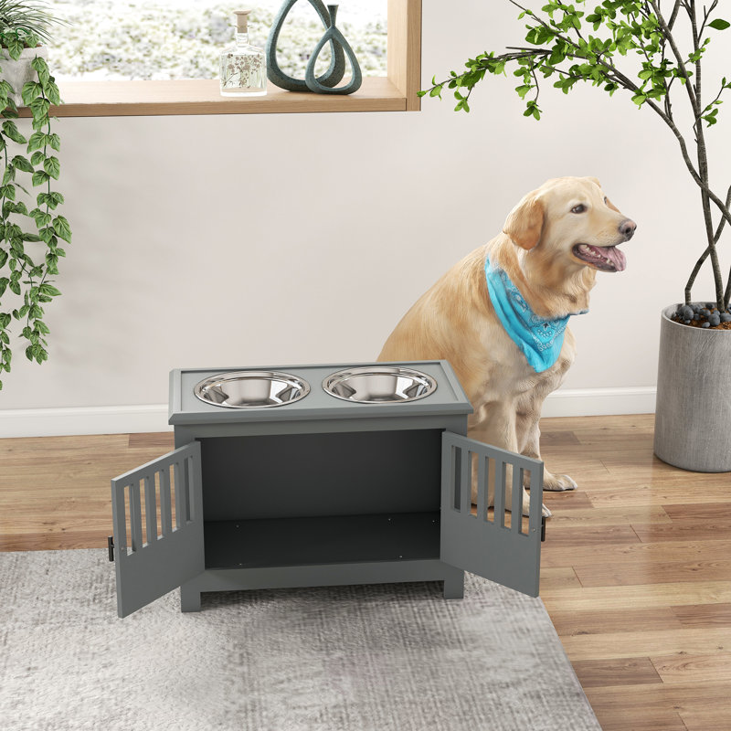 Grands bols pour chien surélevés avec rangement, gris - Armoire pour chien 37L