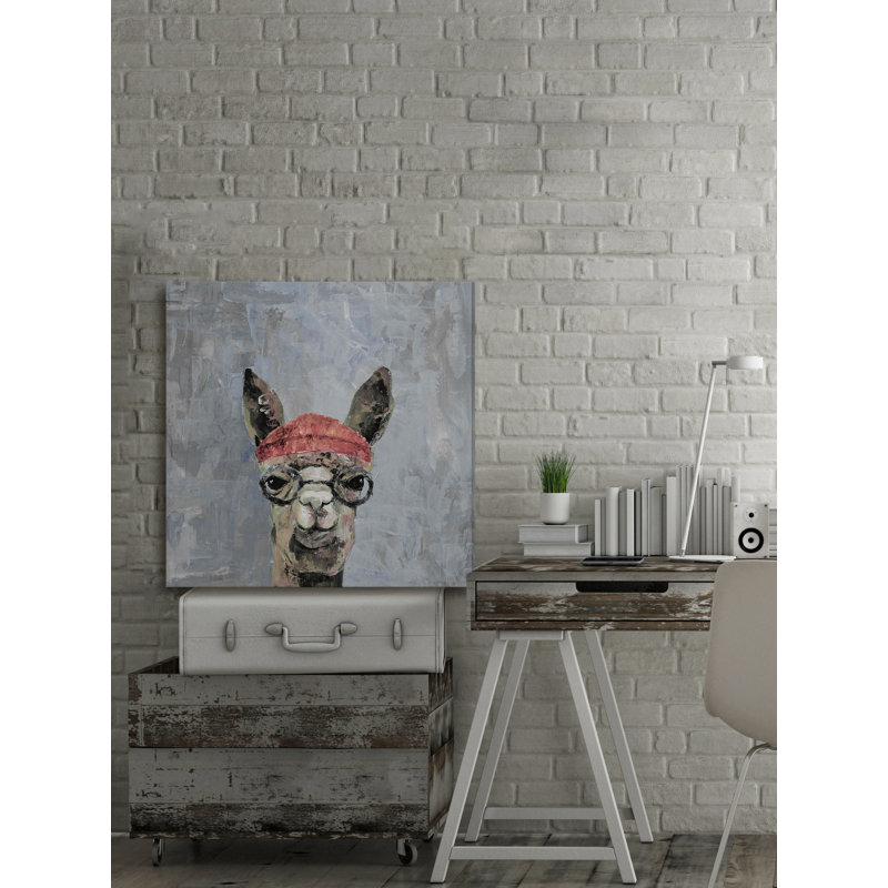 Hipster Llama II - Wrapped Canvas Print, 20cm H x 20cm W x 3.81cm D, Grey/Brown/Red