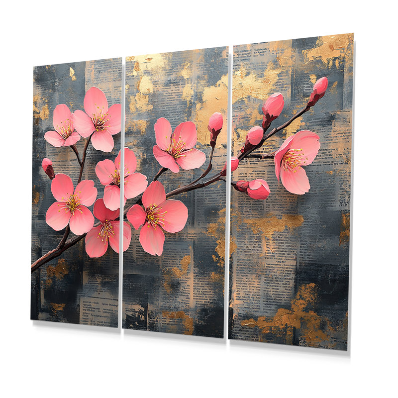 «Pink and Gold Spring Cherry Blossom II», ensemble de reproductions d'art mural cerisier en fleurs, Métal métal