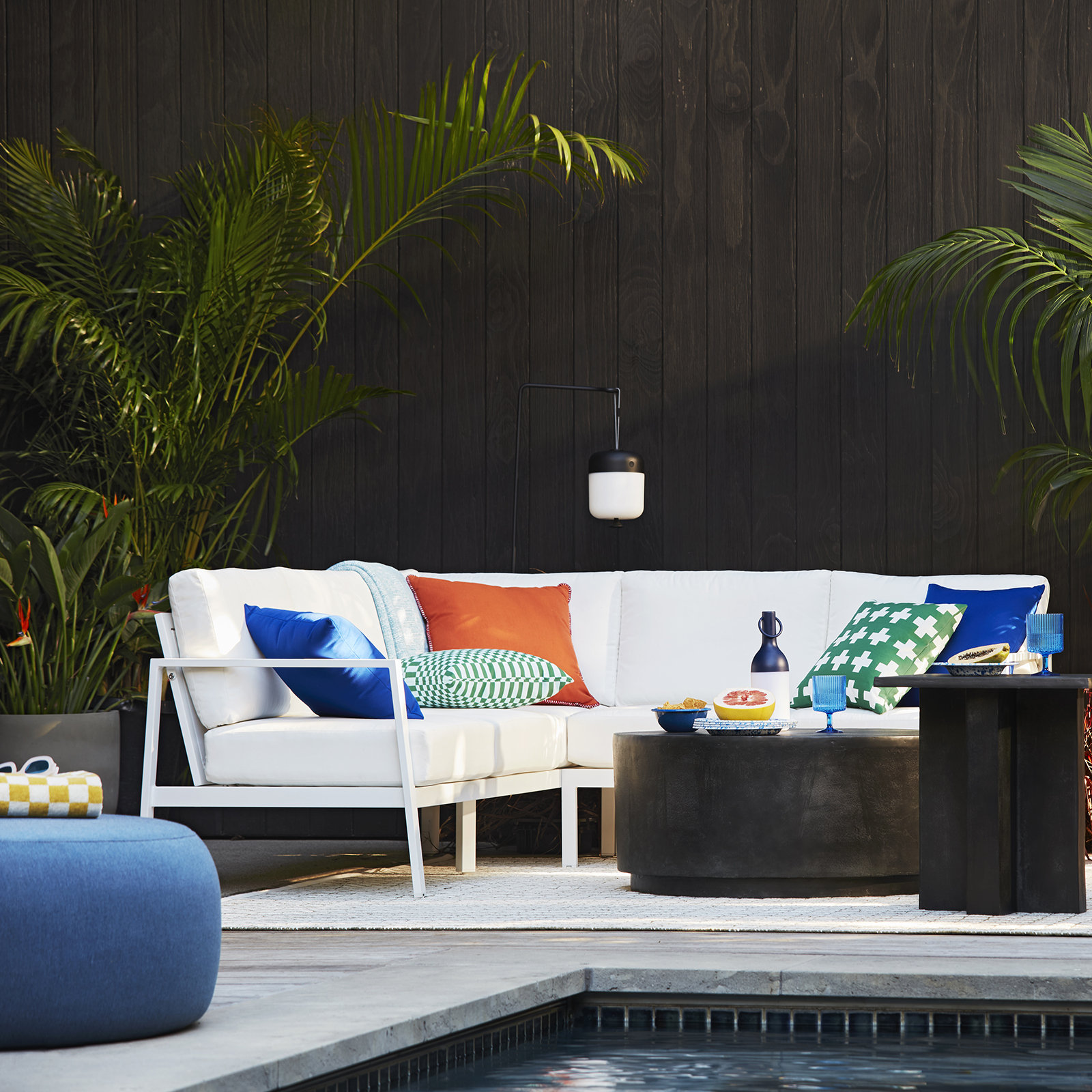 Talita Round Upholstered Outdoor Ottoman, Denim
