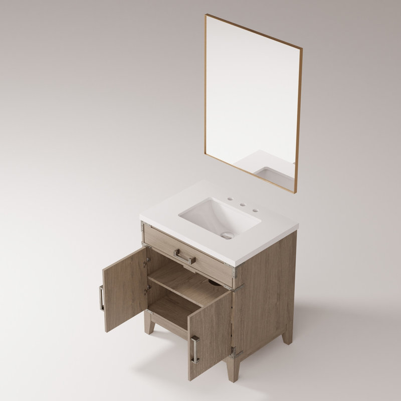 30 po L x P 22 po. Meuble-lavabo en chêne gris avec comptoir en quartz blanc et miroir à 28 tiroirs à fermeture en douceur pour la salle de bain