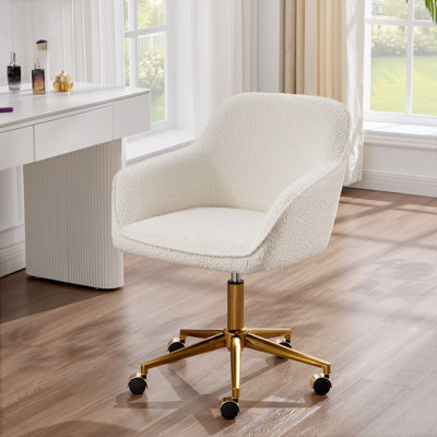 Adamell Swivel Office Chair Boucle Upholstered Adjustable Height Gold Metal Base with Castors