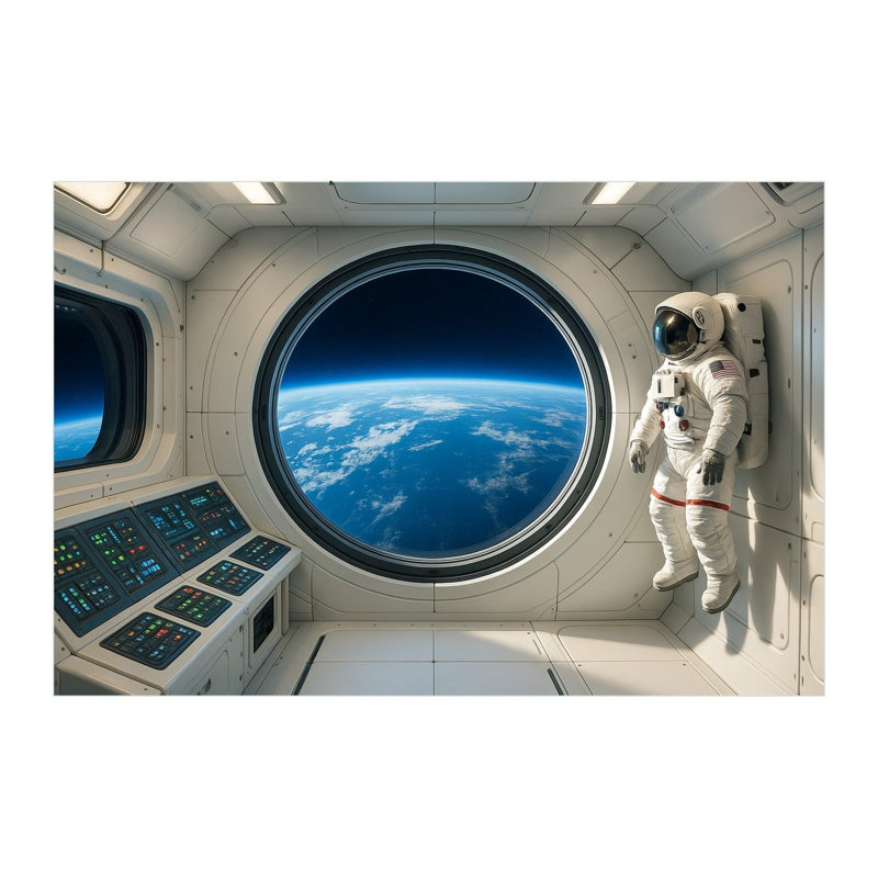 Space Station Wall Mural, Peel and Stick Astronaut Wallpaper for Kids Room, Removable Self Adhesive Satin Finish Panels, Original Art, 65"W x 96"H
