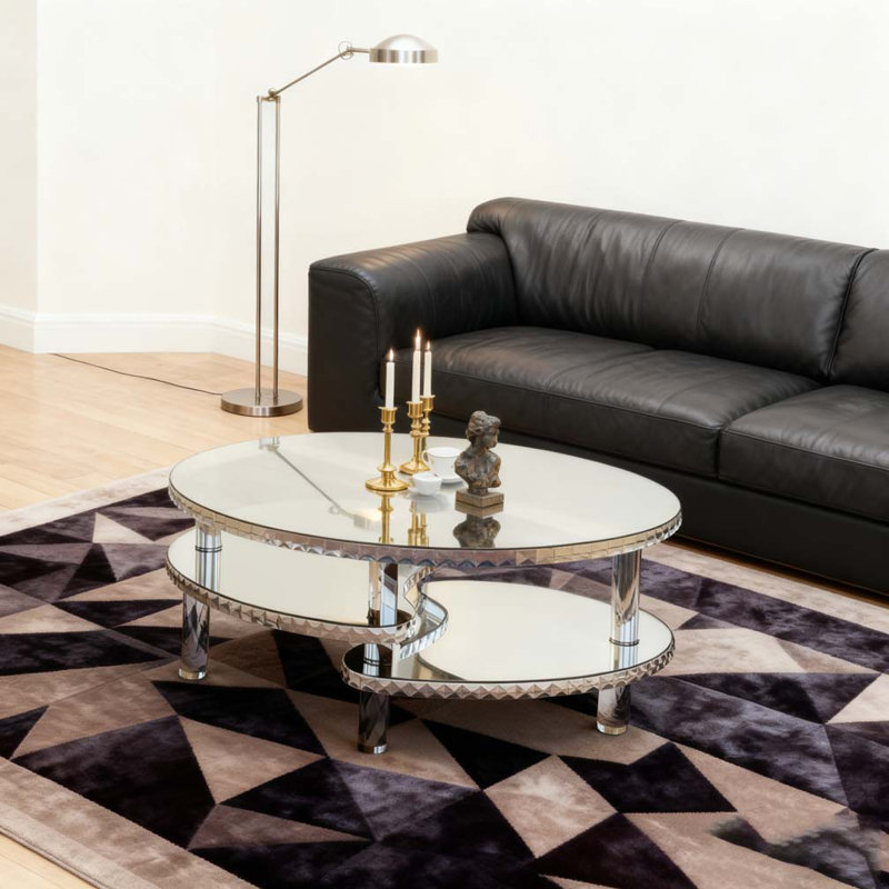 Silver Mirrored Glass Crystal Decor Coffee Table