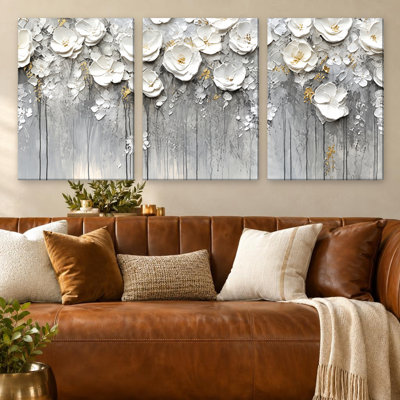 3 Pieces Exculisive White Silver and Gold Floral Relief Large Wall Art Elegant Canvas, Modern Canvas Decor for Living Room, Bedroom, Office and Home