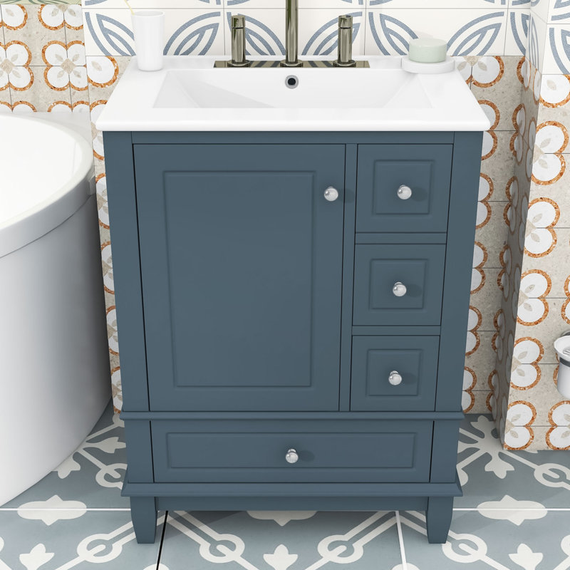 Armoire de meuble-lavabo autoportante en bois avec plateau en céramique et 3 tiroirs, Bleu gris