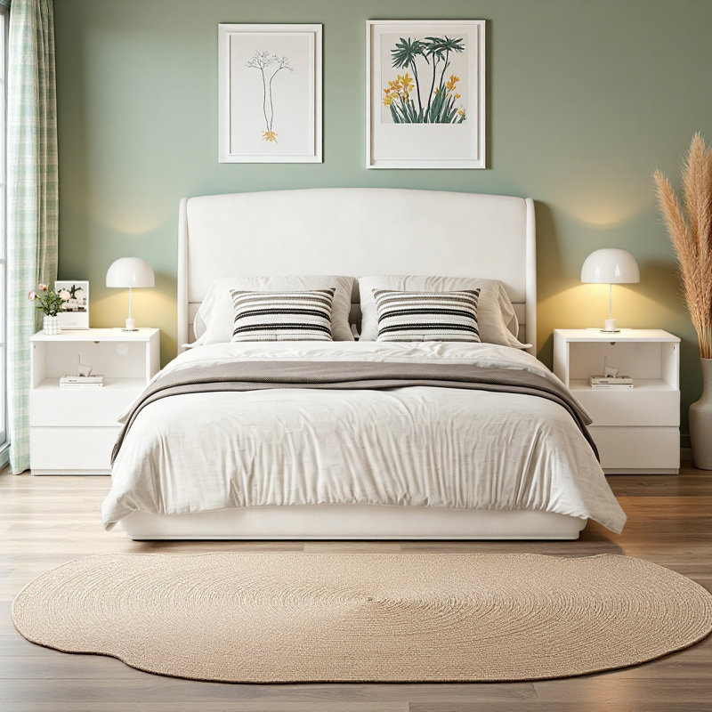 Ensemble de chambre à coucher 3 pièces, cadre de lit rembourré avec tête de lit à oreilles, ensemble de 2 tables de chevet en bois avec station de recharge USB C rapide