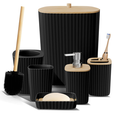 Ensemble complet d'accessoires de salle de bain 6 pièces avec accents en bambou, poubelle et brosse de toilette inclus