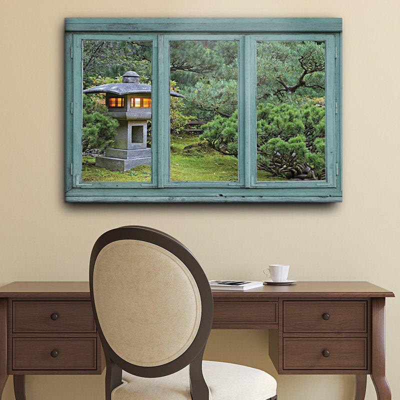 Scène de fenêtre "Toile rétro dans un jardin japonais avec un lampadaire" sur toile