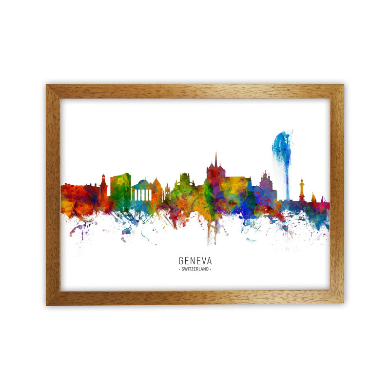 Geneva Switzerland Skyline by Michael Tompsett - Print, Brown Framed, 46cm H x 63cm W x 3cm D