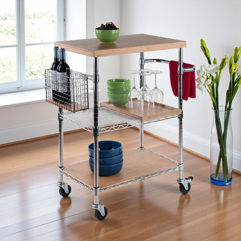 Madera 2-Shelves Utility Cart with Wheels in Natural Finish, 38.40'' H X 26.60'' W X 17.40'' D