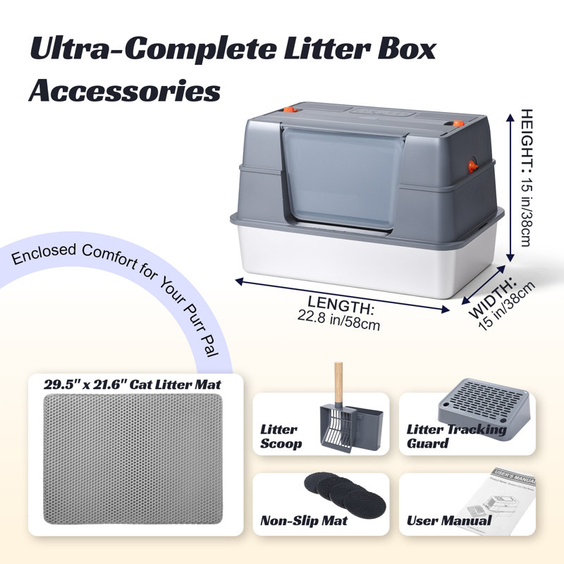 Bac à litière pour chat en acier inoxydable avec entrée latérale - XL, couvercle haut, amovible, avec pelle et tapis, gris