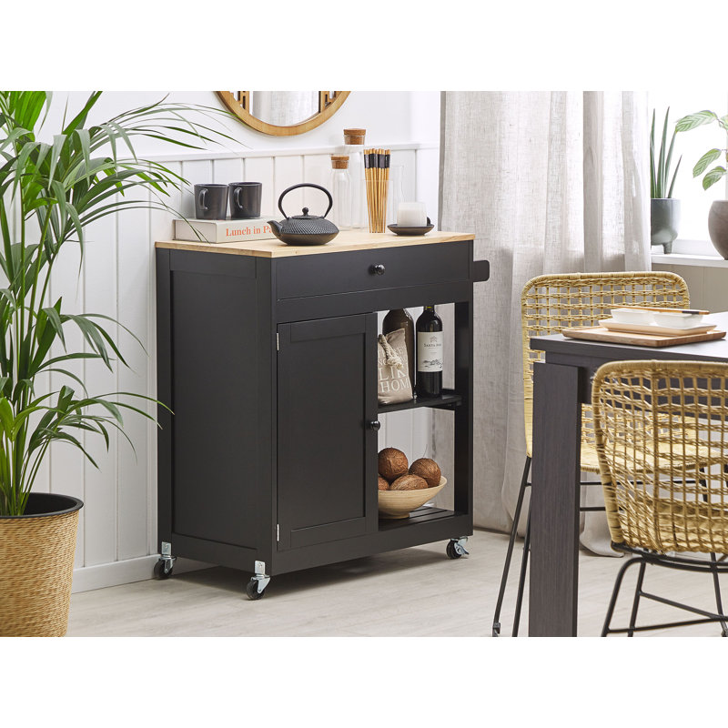Ambon Solid Wood Top Kitchen Trolley, Black