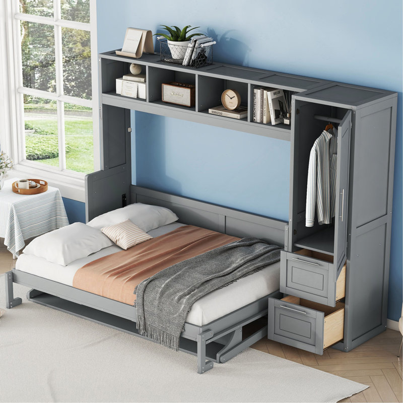 Lit escamotable Murphy avec placard et tiroirs, Gris, Full