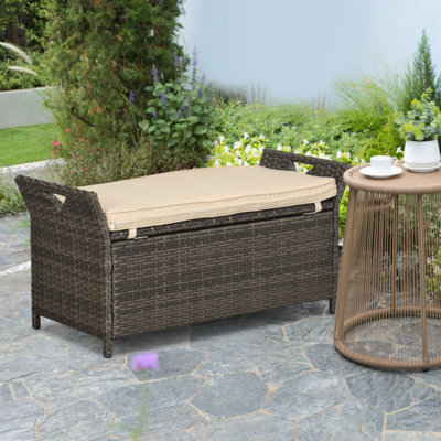 Outsunny Gallon Patio Wicker Storage Bench, Outdoor Patio Furniture, -In- Large Capacity Rectangle Garden Storage Box With Handles And Cushion, Cream by Red Barrel Studio