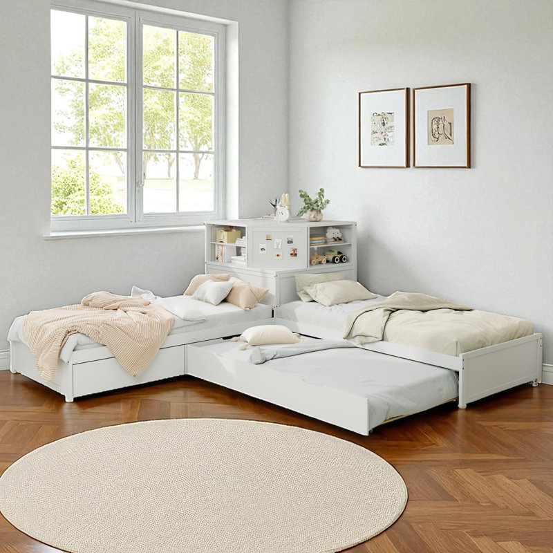L-Shaped Daybed With Trundle And Drawers, White