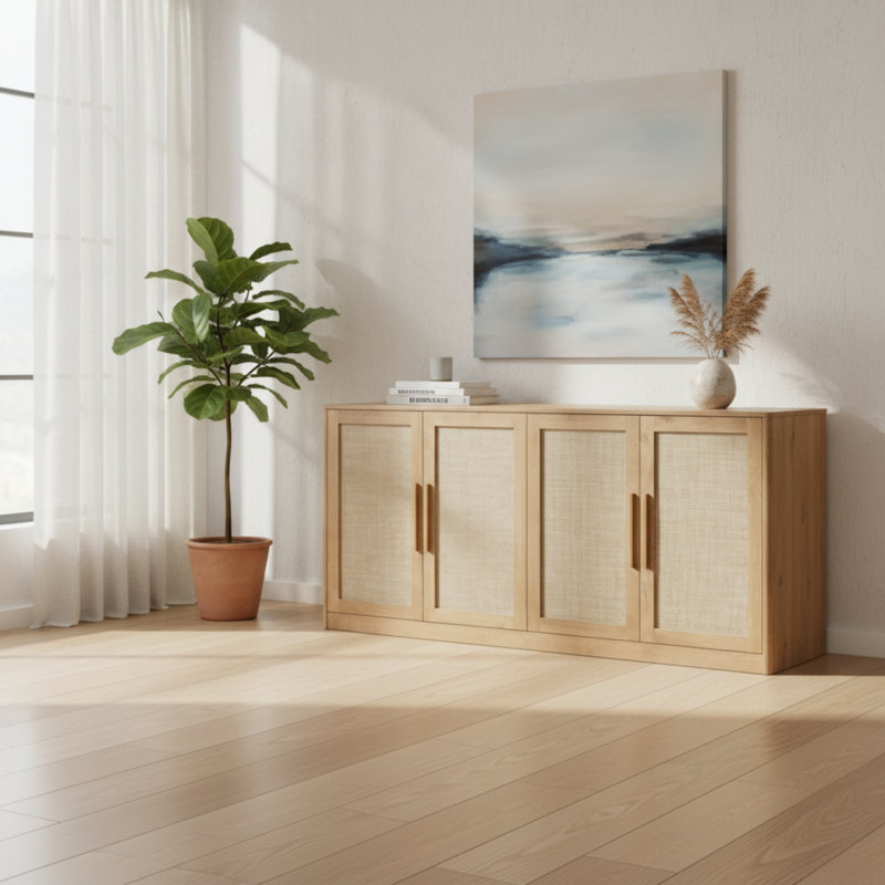 Caramel Oak Rattan Sideboard, Large Four-Door Design, Bohemian Style, Suitable For Living Room, Hallway, And Kitchen.