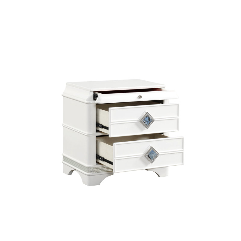 Table de chevet moderne à deux tiroirs Laguna avec compartiment à bijoux dissimulé et détails en cristal - Blanc
