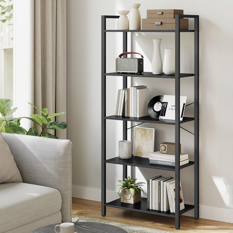 Bibliothèque à 5 niveaux de style industriel avec structure en acier robuste, adaptée à divers espaces