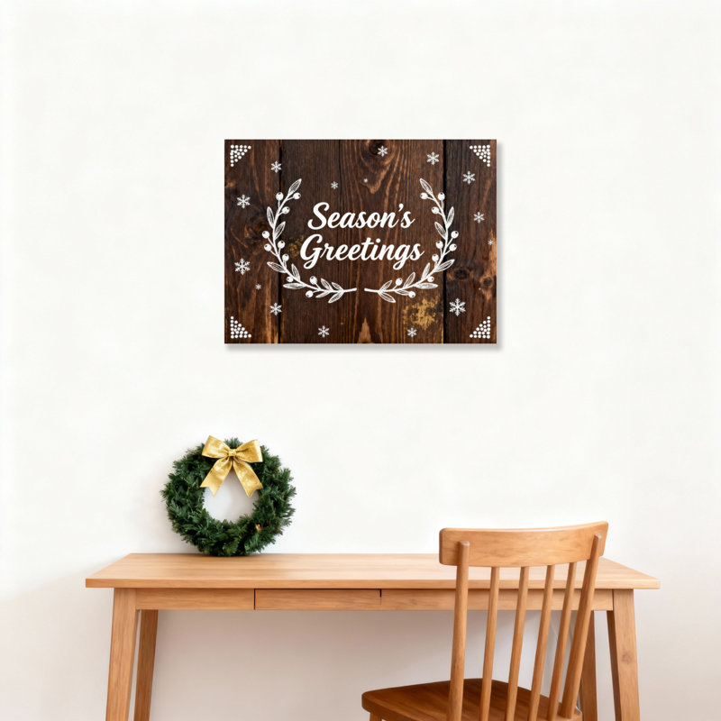 «Seasons Greetings Wreath» et motif de flocons de neige, ensemble de 1 reproduction d'art sur toile tendue sur toile de style rustique