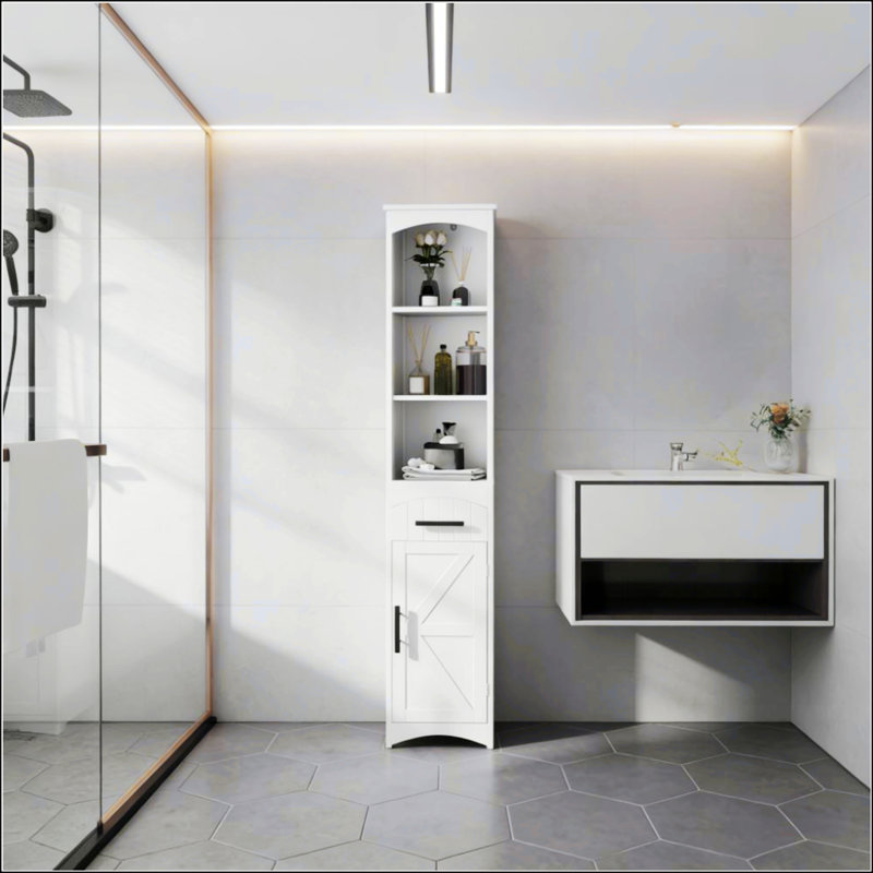 Armoire de rangement étroite et étroite avec tiroir et porte de grange, peu encombrante et élégante, Blanc