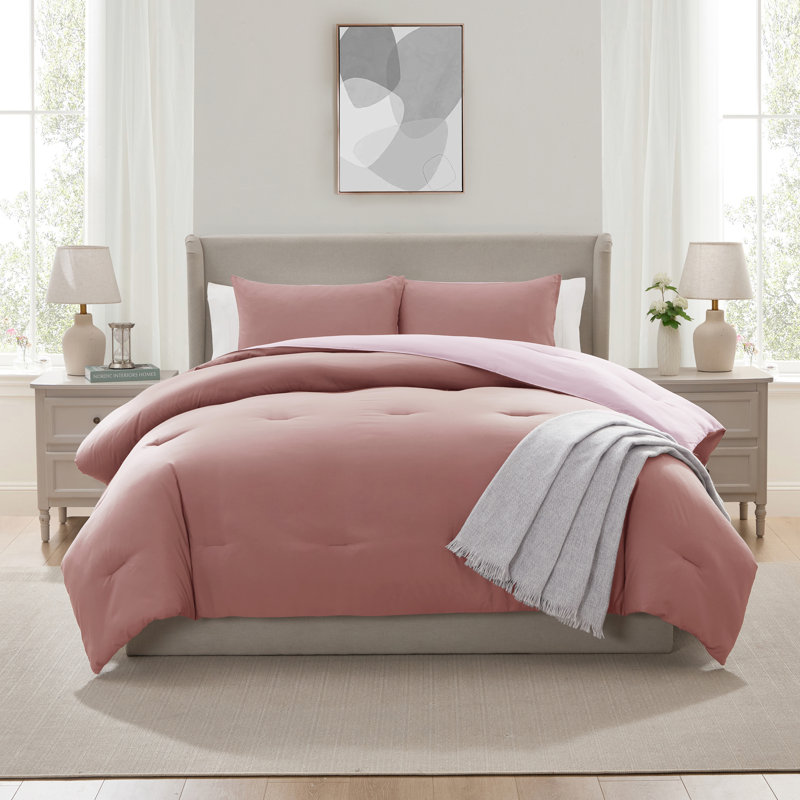 Ensemble d'édredon réversible 3 pièces ultra doux et moderne, Rose / rose moelleux