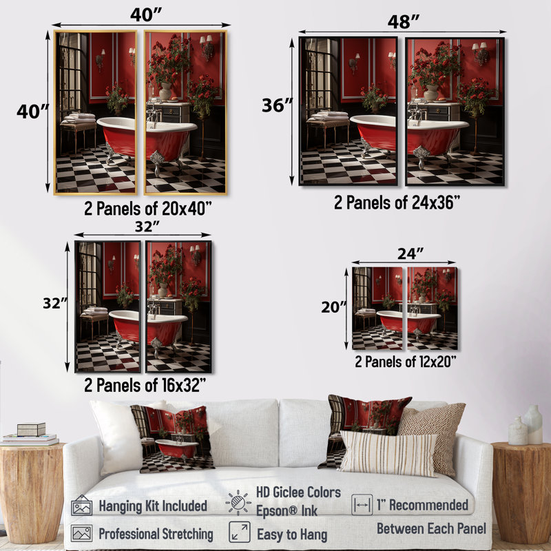 Rouge moderne, charme de salle de bain IV - Art mural traditionnel, Black, 36" H x 48" W, Impression encadrée flottante